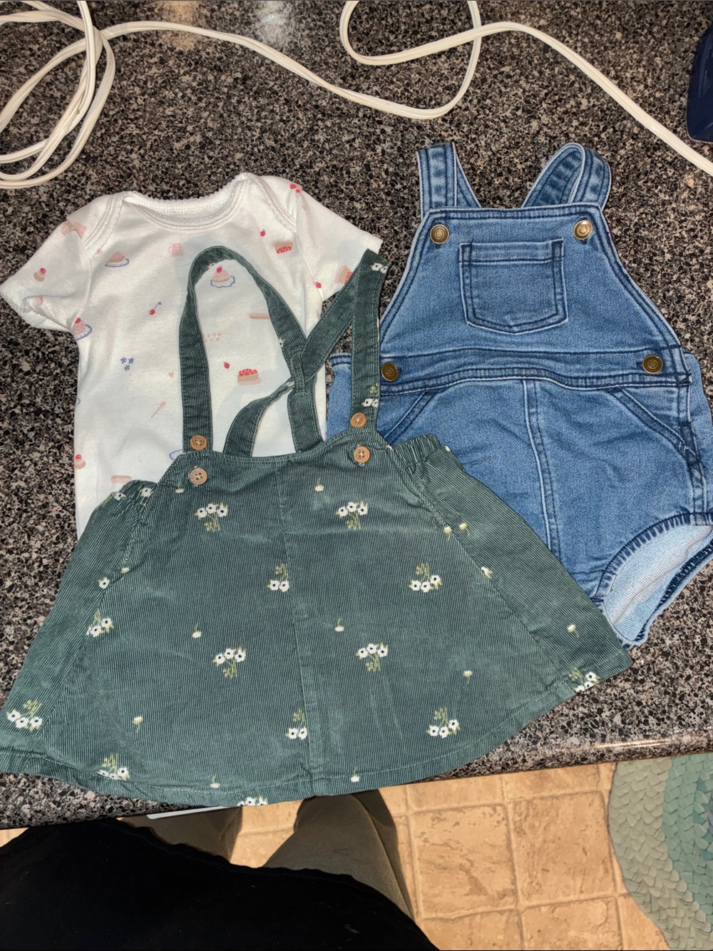 Girls Floral Green Corduroy Suspender Skirt, overalls and cake onesie